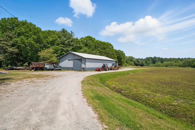 a house view with swimming pool and trees in the background