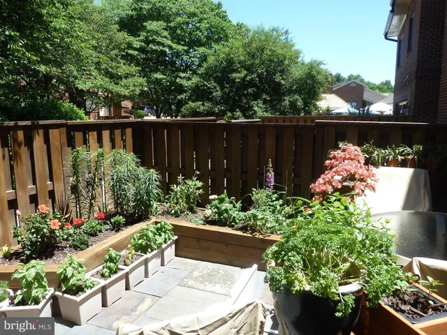 a garden with flowers and wooden fence