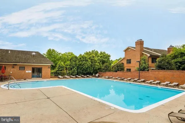 a view of a swimming pool with a yard and plants