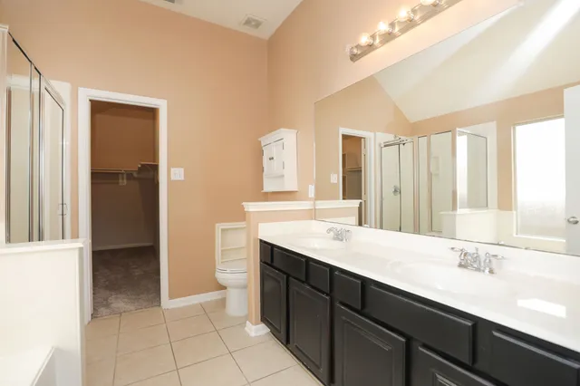a bathroom with a double vanity sink a mirror and a shower