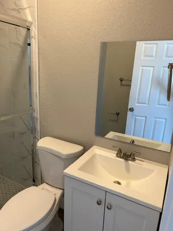 a bathroom with a sink a toilet and shower