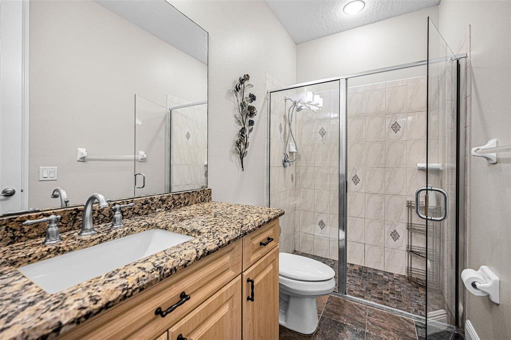 10709 Watula Court New Port Richey, FL 34655 - Photo 63 of 99 a bathroom with a granite countertop sink toilet and shower