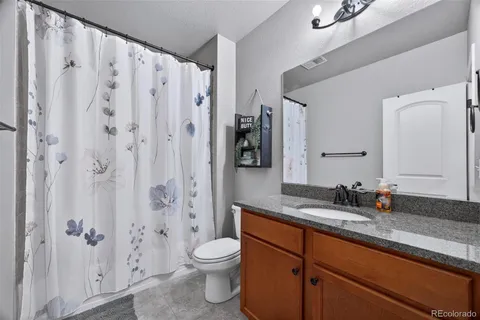 a bathroom with a granite countertop sink toilet and shower