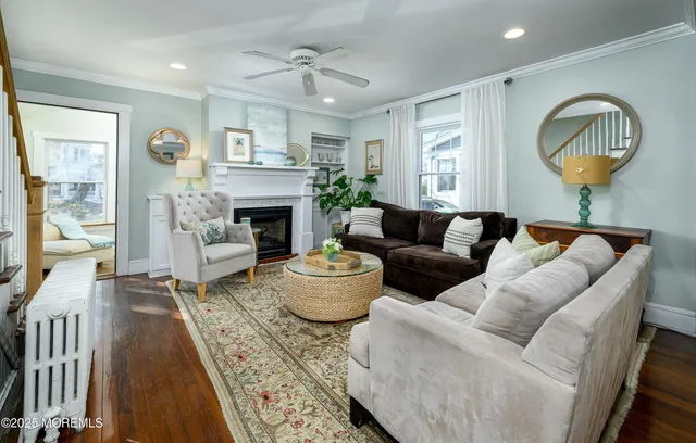 a living room with furniture a fireplace and a potted plant