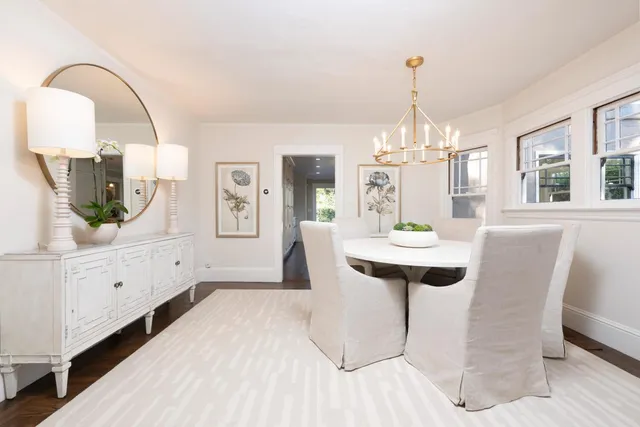 a view of a dining room with furniture and window