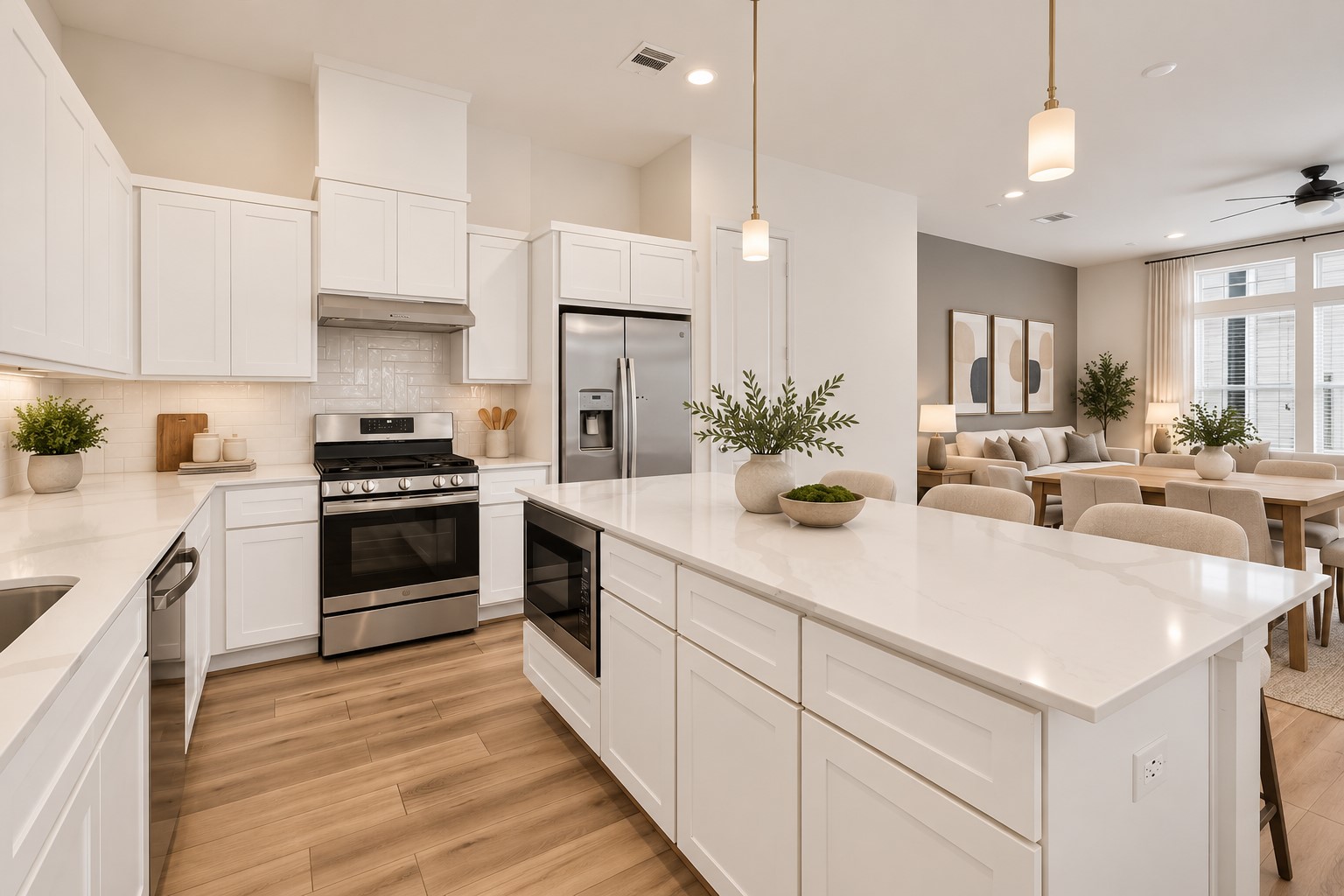 1526 Ojeman Road, Unit C Houston, TX 77055 - Photo 5 of 23 Quartz counters, gorgeous tile backspash areas and a large island elevate the kitchen! (virtually staged)