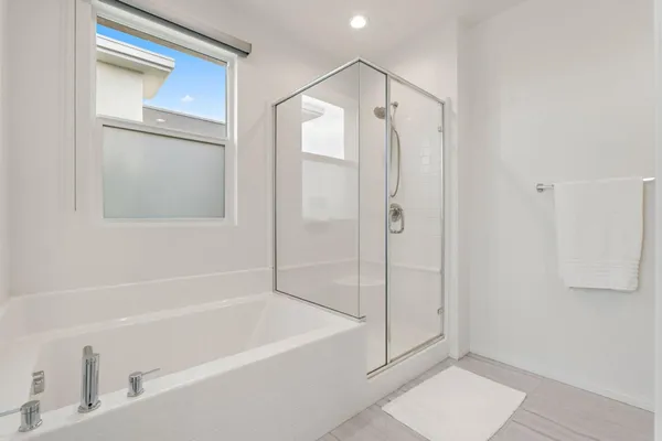 a bathroom with a bathtub and a shower