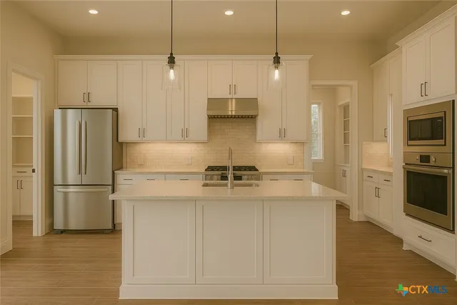 a kitchen with kitchen island a counter top space stainless steel appliances and cabinets