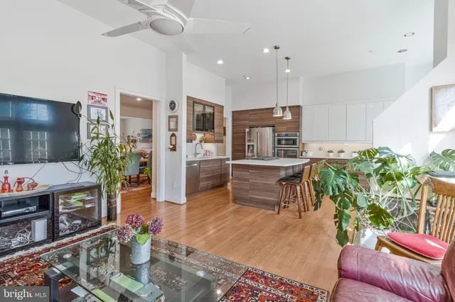 a living room with furniture a potted plant and kitchen view