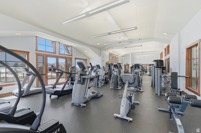 2007 Fielding Hill Lane Draper, UT 84020 - Photo 62 of 83 Spacious fitness center featuring a high vaulted ceiling, exposed wood-frame windows, and recessed lighting