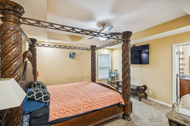 a bedroom with a bed and a ceiling fan