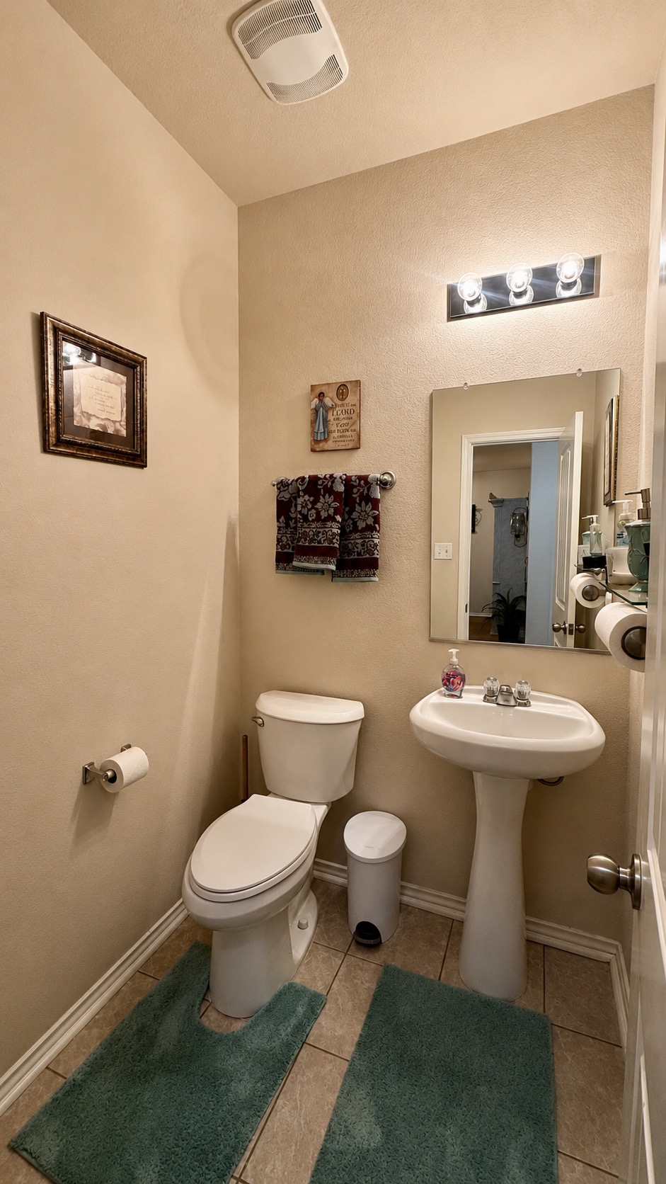 18309 Wind Tree Lane Elgin, TX 78621 - Photo 17 of 29 A classic pedestal sink sits beneath a modern vanity light in this neat half bath.