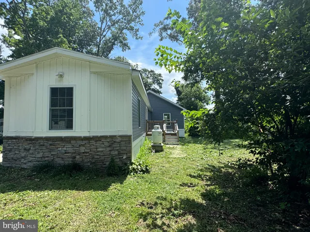 a backyard of a house with plants and large trees