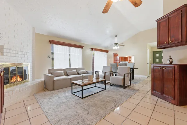 a living room with furniture and a fireplace
