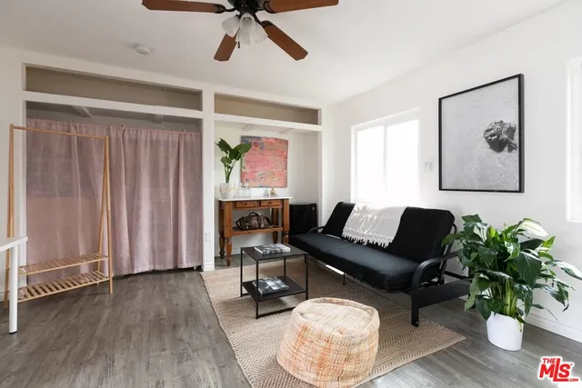 a living room with furniture and a potted plant