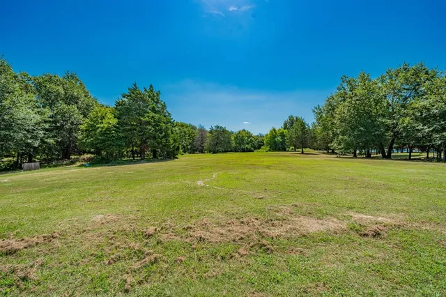 a view of a field with an trees in the background