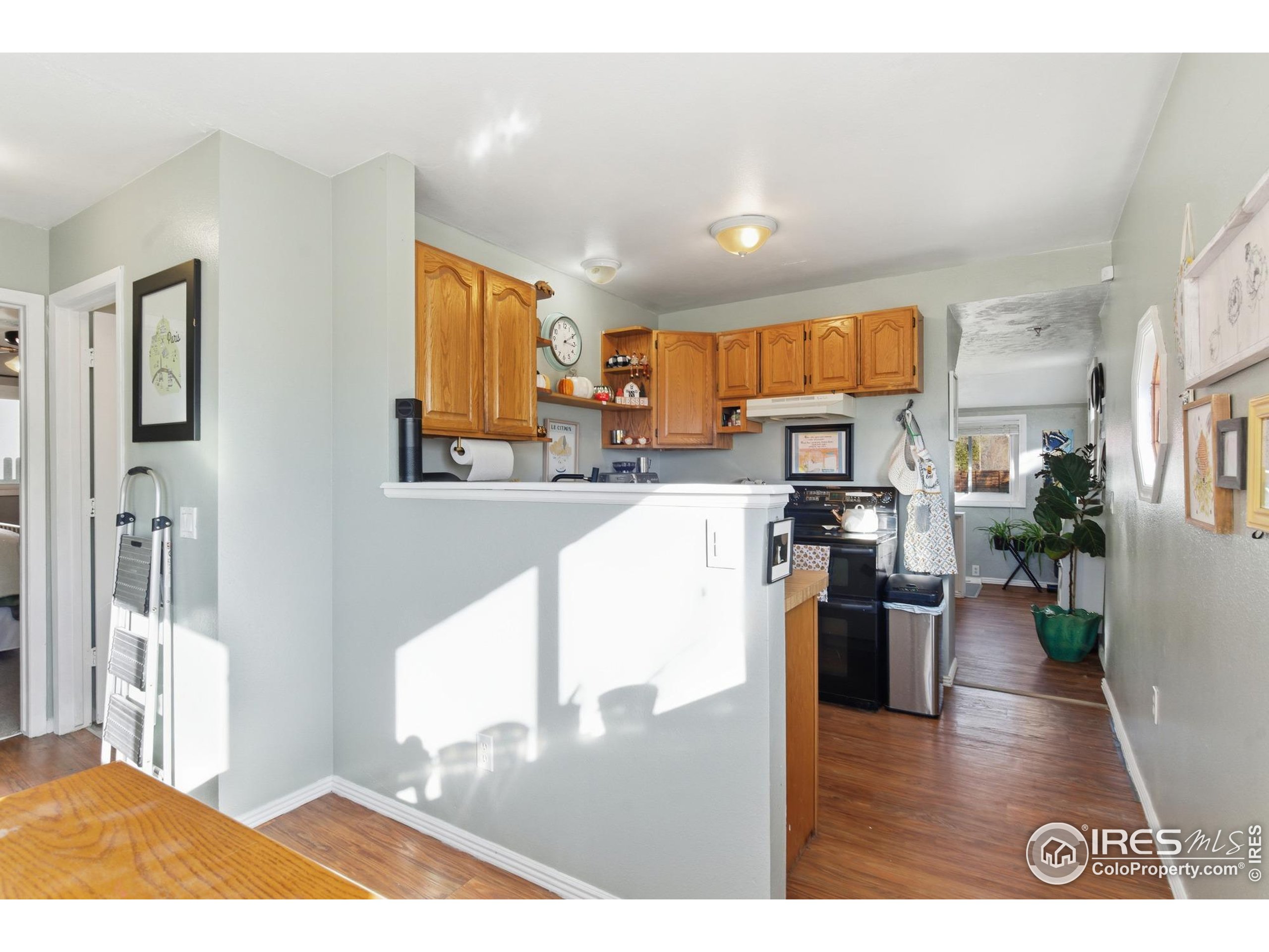 7905 3rd Street Wellington, CO 80549 - Photo 12 of 25 a kitchen with stainless steel appliances granite countertop a refrigerator a stove top oven a sink a dining table and chairs with wooden floor