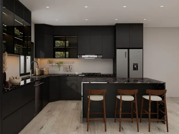 a kitchen with granite countertop a sink and counter space