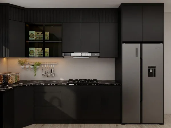 a kitchen with a sink a refrigerator and wooden cabinets