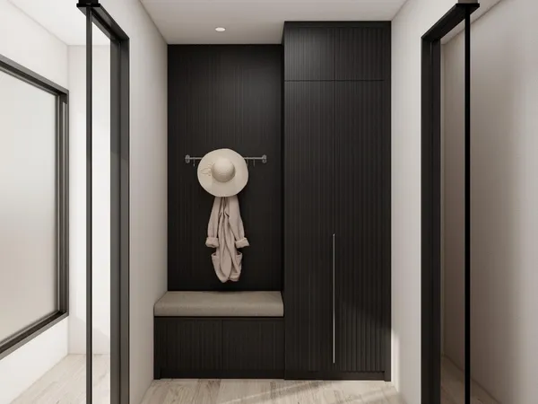 a view of a hallway with stairs and wooden floor