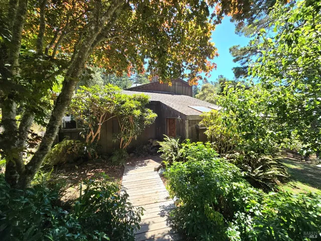 a view of a street with flower plants and large trees