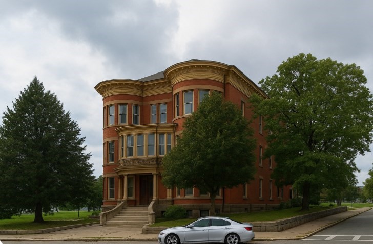 a front view of a building with trees