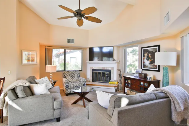 a living room with furniture and a fireplace
