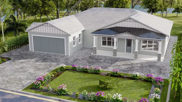 a aerial view of a house with a yard and potted plants