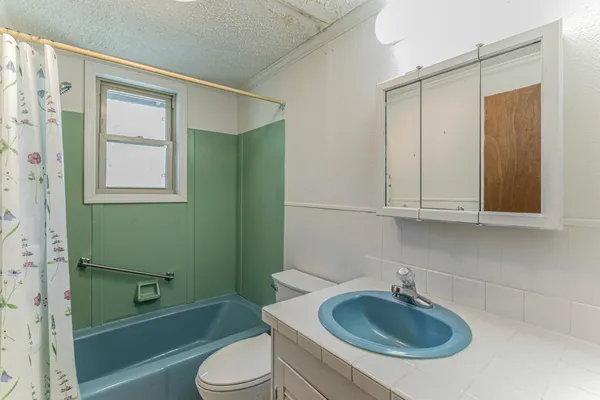 a bathroom with a sink a toilet and tub