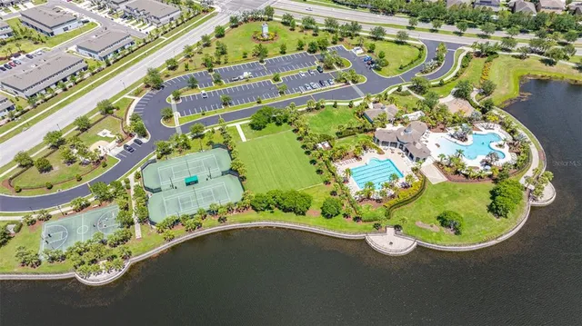 an aerial view of a swimming pool