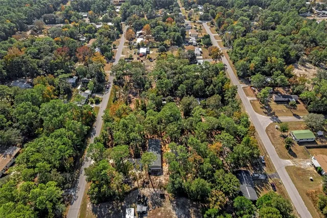 an aerial view of residential houses with outdoor space and trees