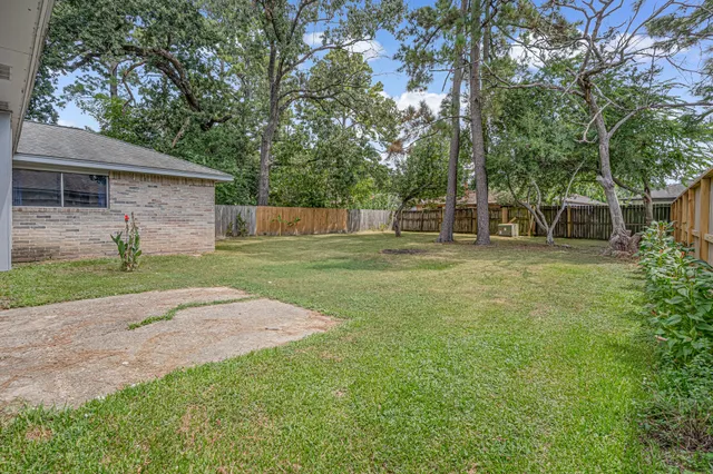 a view of a backyard with a garden and trees