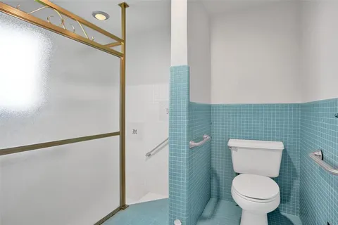 a bathroom with a toilet and a shower