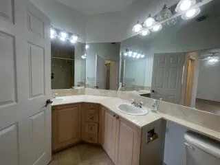 a bathroom with a sink double vanity and a mirror
