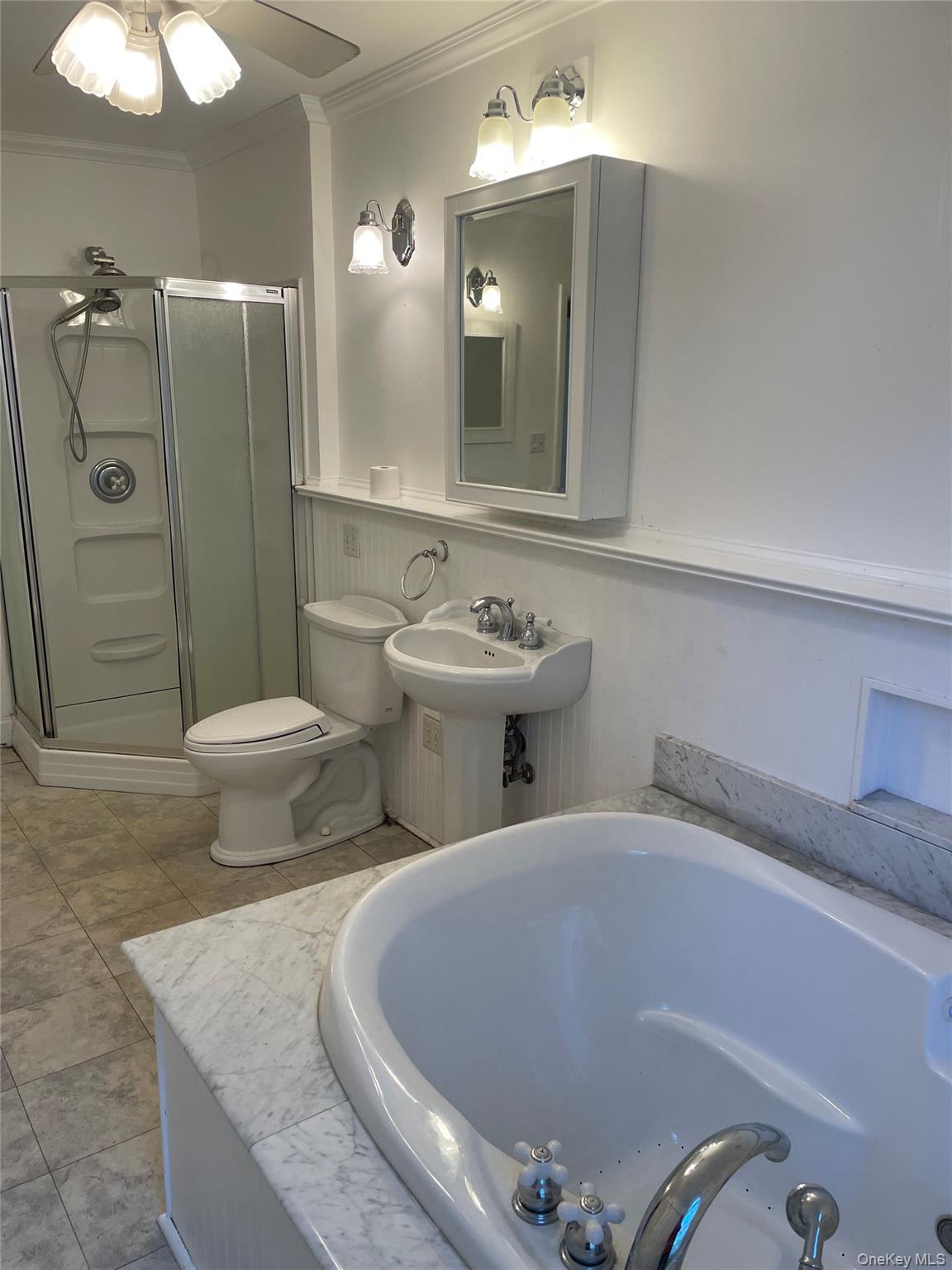 67 Bethlehem Road New Windsor, NY 12553 - Photo 14 of 19 Full bathroom with crown molding, a stall shower, a tub with jets, and a ceiling fan.Also contains utility closet and washer/dryer closet.