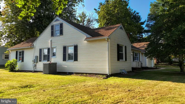 a view of a backyard with large trees