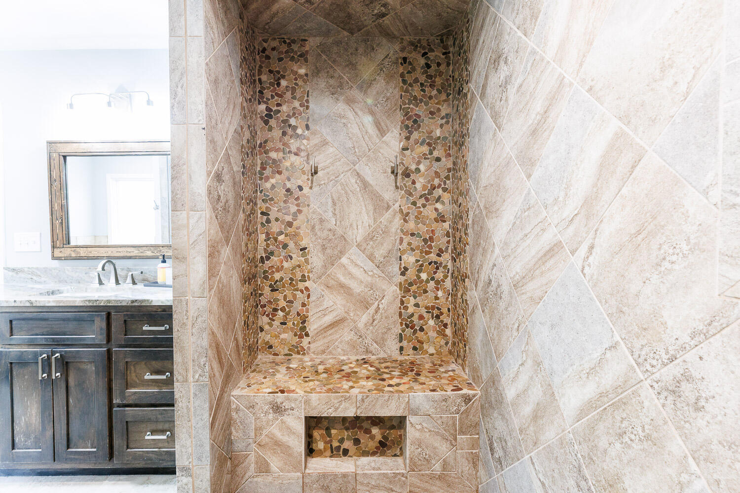 6523 East C R 6200 Lubbock, TX 79403 - Photo 38 of 86 a bathroom with a granite countertop sink a mirror and shower
