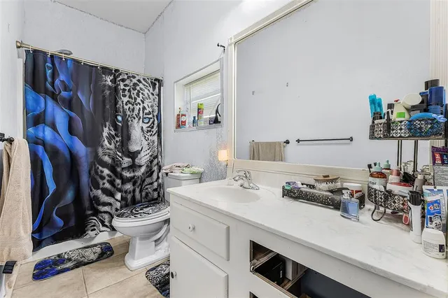 a bathroom with a sink a toilet and shower curtain