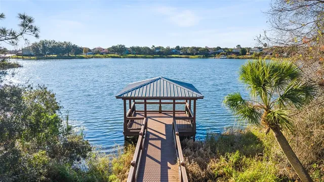 a view of a lake with a mountain in the background