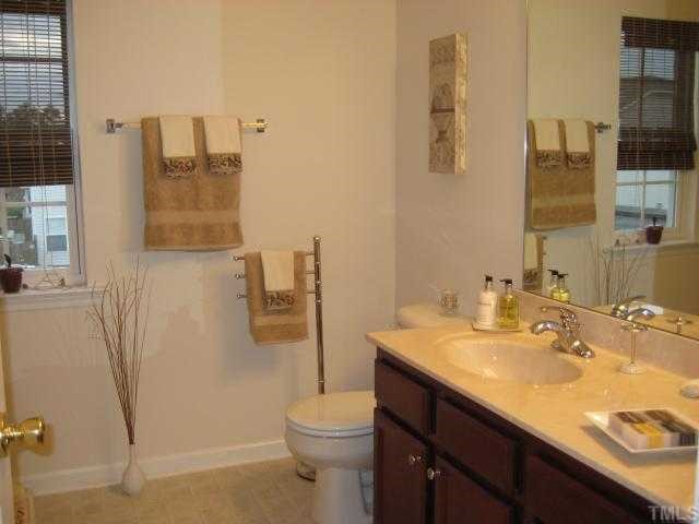 148 Solheim Lane Raleigh, NC 27603 - Photo 8 of 12 a bathroom with a sink a toilet a mirror and shower