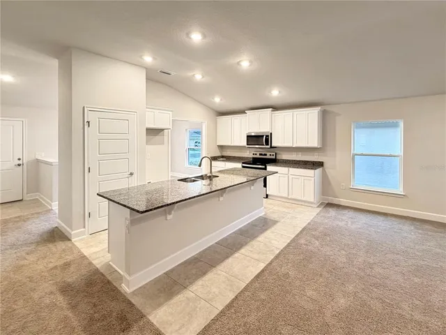 a large kitchen with stainless steel appliances granite countertop a stove a sink and a refrigerator