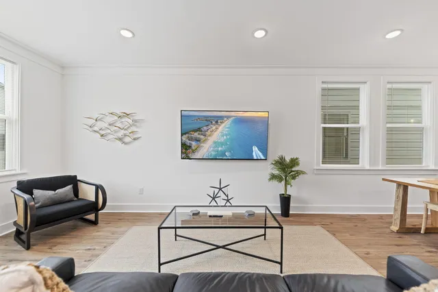 a living room with furniture and a potted plant