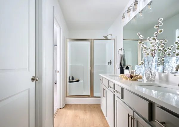 a bathroom with a granite countertop shower sink and mirror