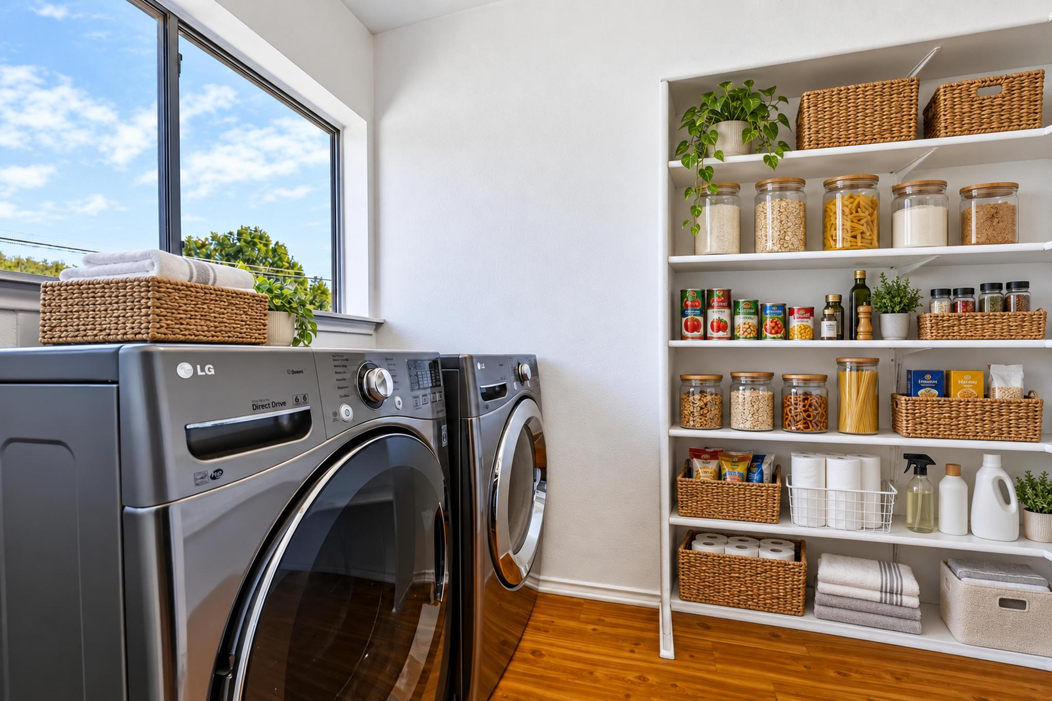 7317 Marble Ridge Drive Austin, TX 78747 - Photo 27 of 30 Warm wood flooring and ample open shelving define this functional laundry space.