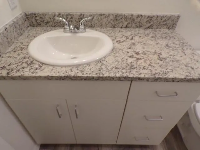 a bathroom with a granite countertop sink and a mirror