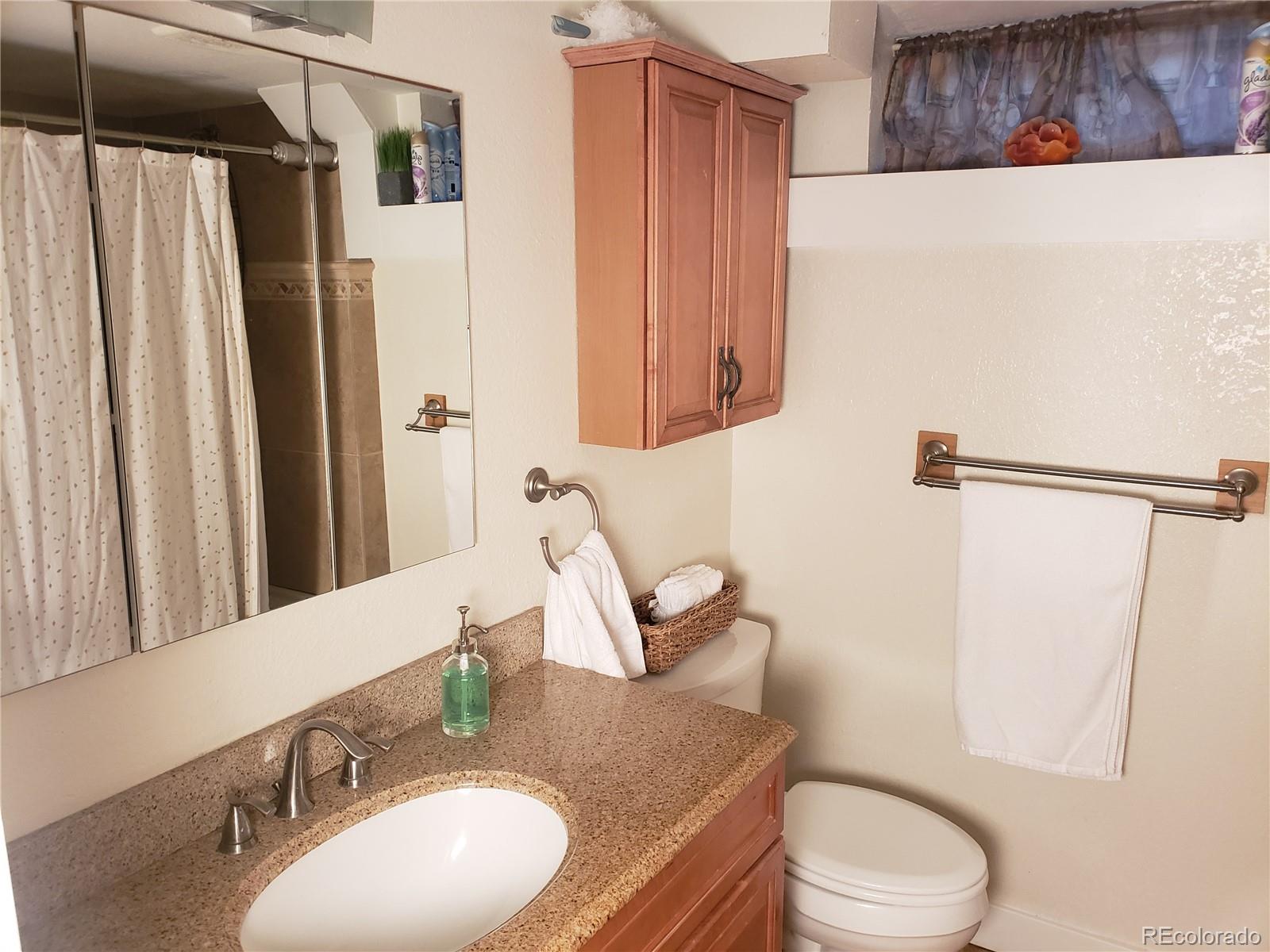 2860 Ames Street Wheat Ridge, CO 80214 - Photo 15 of 39 a bathroom with a granite countertop sink toilet and shower