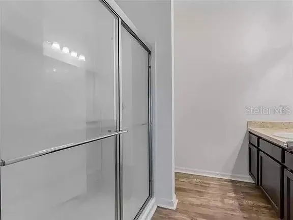 a bathroom with a shower and a sink