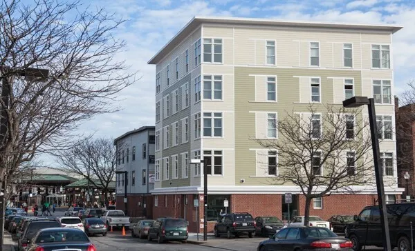 a front view of a building with street view