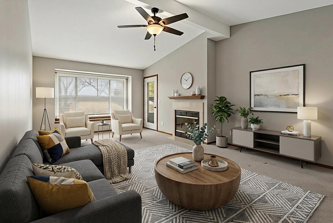 413 Irvine Road, Unit 413 Champaign, IL 61822 - Photo 3 of 29 a living room with furniture a fireplace and a large window