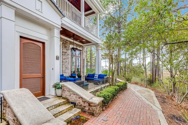 a building outdoor space with patio furniture